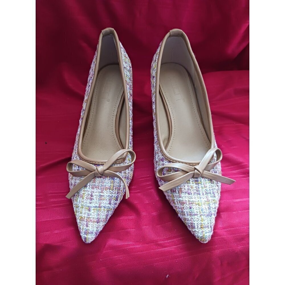Xiwen Womens Tweed Pointed-Toe Heels With Bow Accent Stiletto multicolor size 36